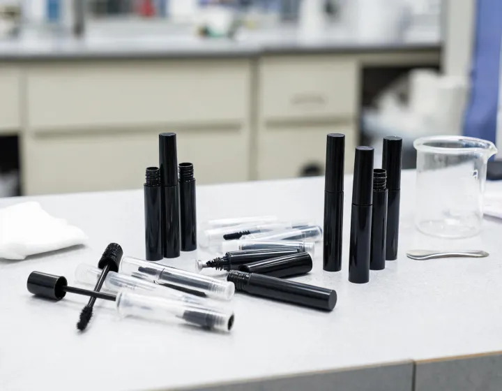 Mascara Sourcing on a cosmetics bench, illustration only
