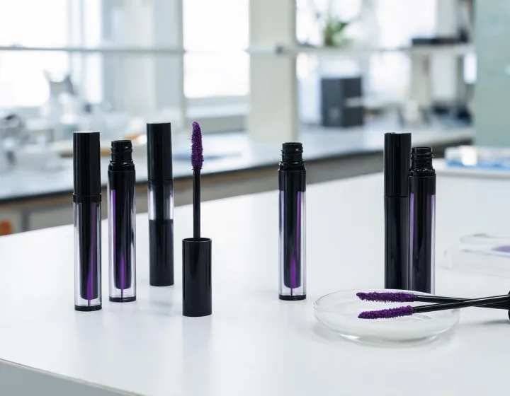 purple mascara on a cosmetics bench, illustration only