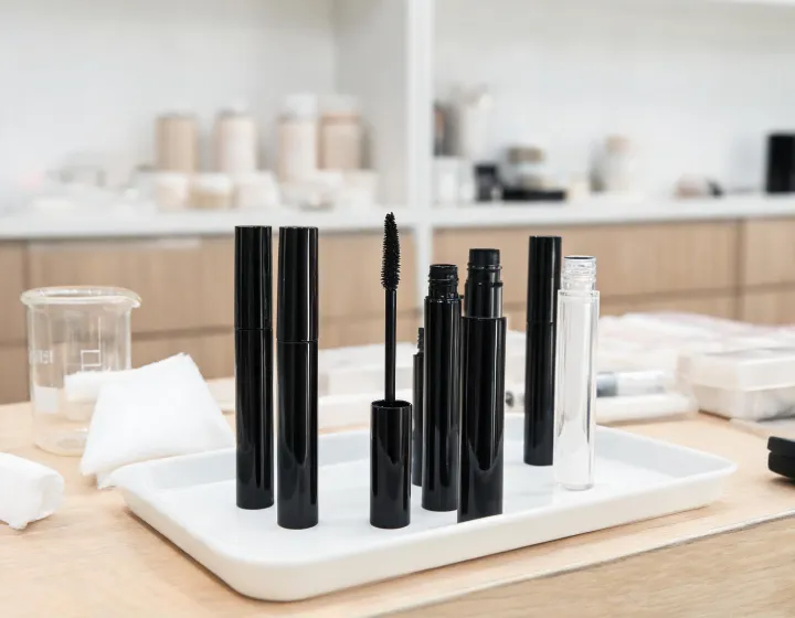 hypoallergenic mascara on a cosmetics bench, illustration only