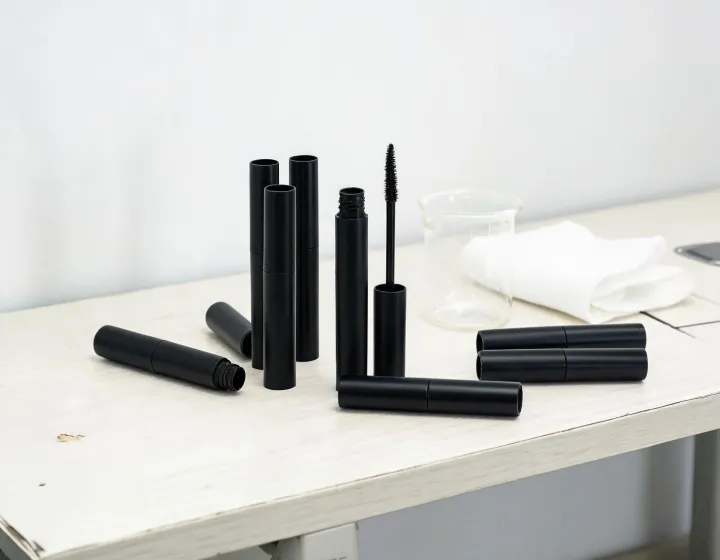 vegan mascara on a cosmetics bench, illustration only